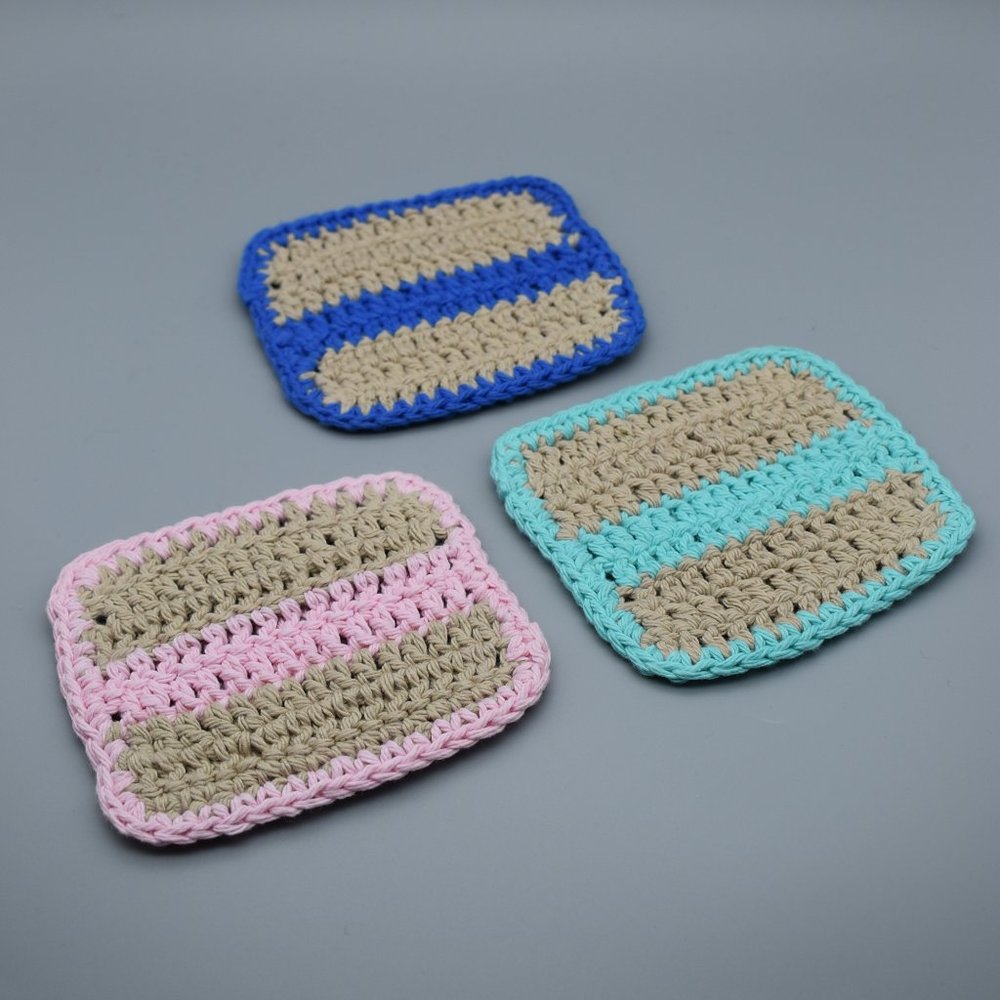 HAND CRAFTED Crochet Rectangle Striped Coasters Set of Three